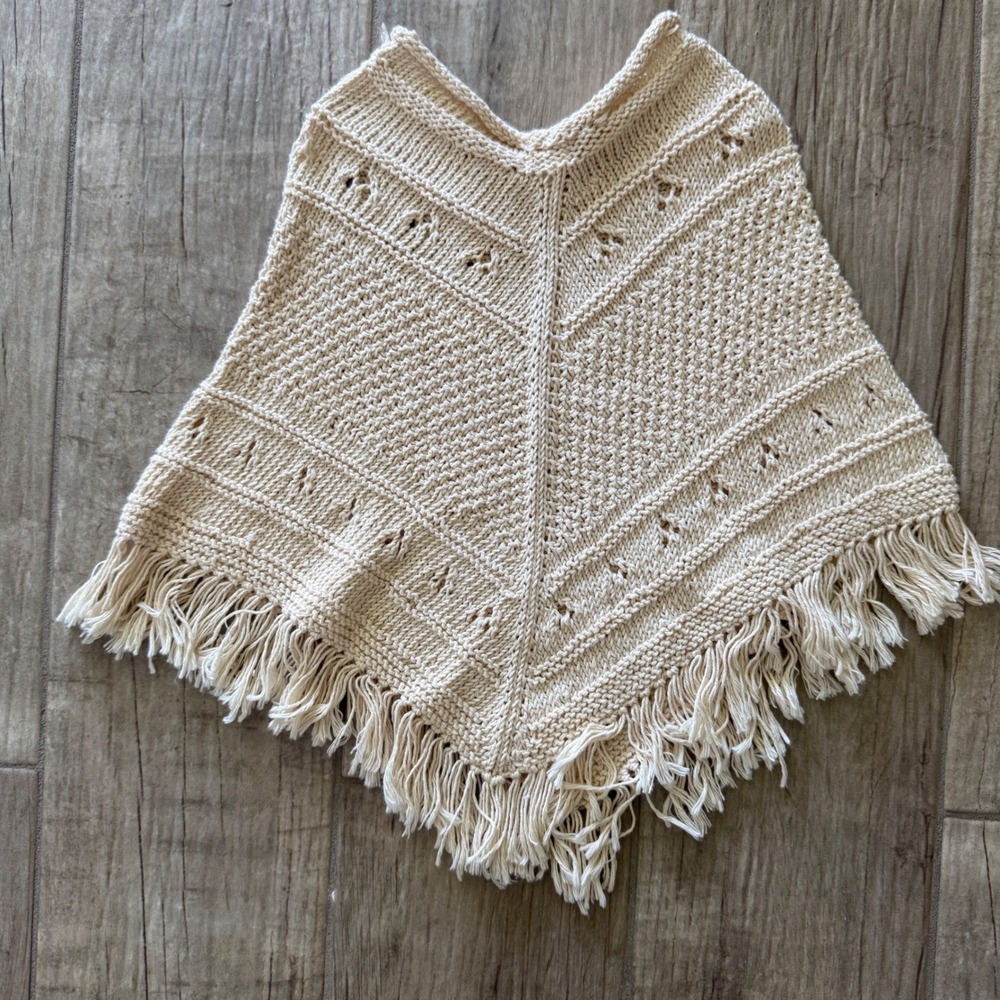 Empress Baby Organic Cotton Hand Knit Poncho Cream Fringe Pointelle 9-12 Months